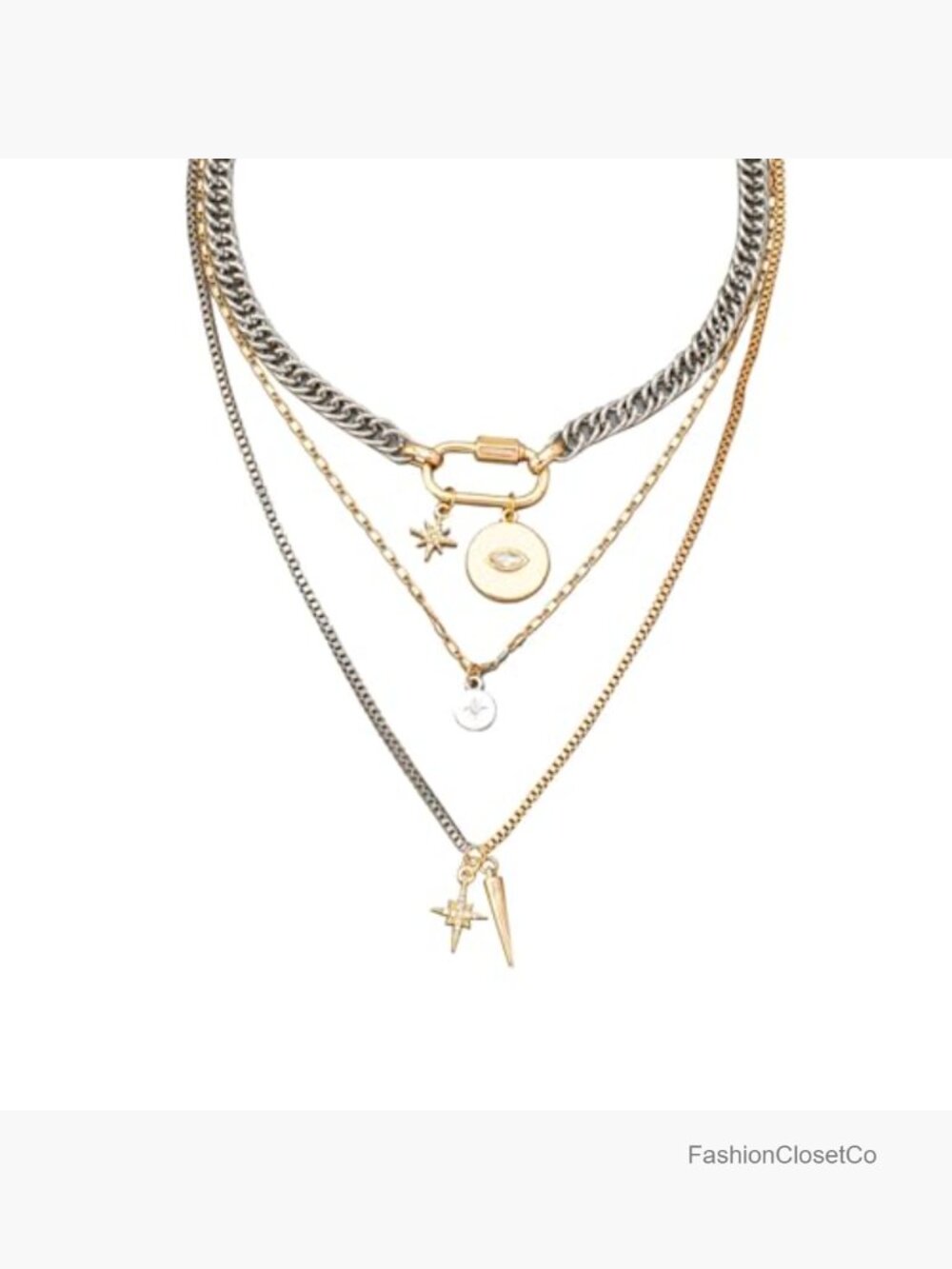 Mixed Metal Chunky Star & Evil Eye Layered Necklace - Picture 2 of 7